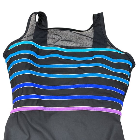 Longitude Womens 18W Black One-Piece Swimsuit With Multicolor Stripes & Scoop Ba - Picture 2 of 5
